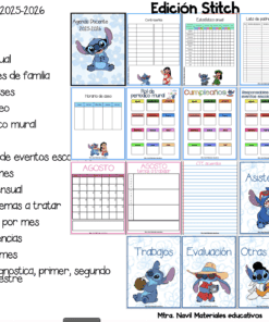 Vista previa de una agenda de profesor con temática Stitch para 2025-2026. Incluye páginas ilustradas para horarios, asistencia, cumpleaños, reuniones, listas de clase, planificadores mensuales, evaluaciones y mucho más, con una lista con viñetas de los materiales incluidos.